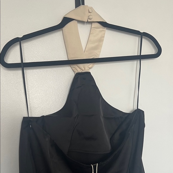 Anthropologie Black and Cream Mini Halter Tie Dress - Picture 4 of 11